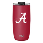 Crimson red insulated tumbler with matte finish and black flat lid on white background