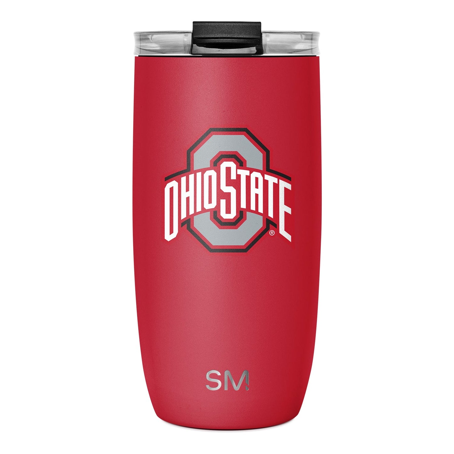 Red stainless steel tumbler with white and gray accents, black lid with clear plastic inserts, on neutral background