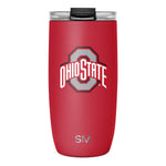 Red stainless steel tumbler with white and gray accents, black lid with clear plastic inserts, on neutral background
