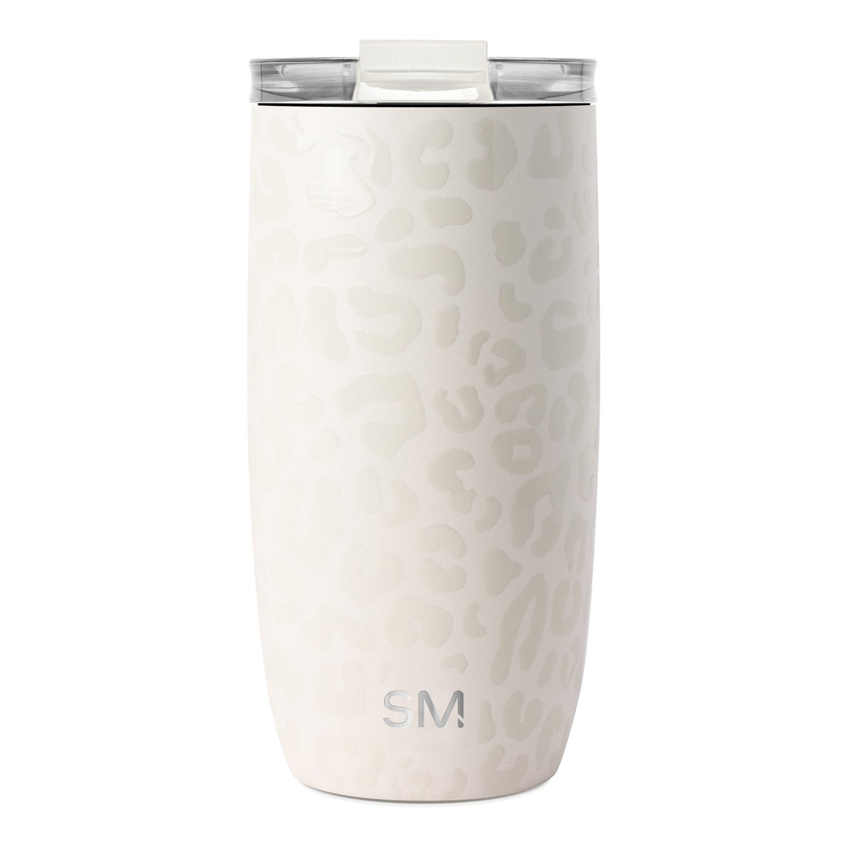 White textured tumbler with light cream lid and translucent smoke-gray flip-top closure