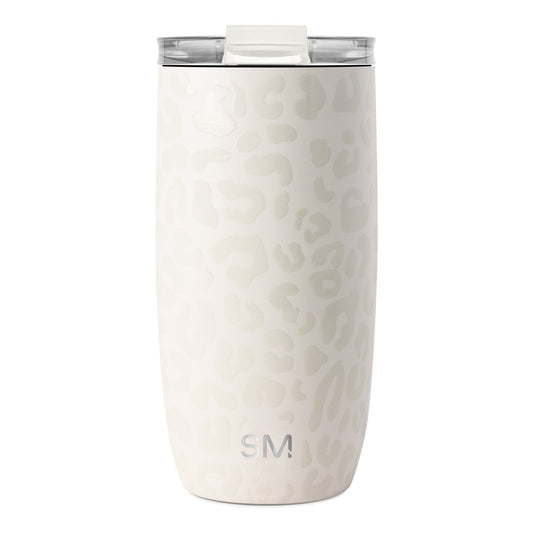 White textured tumbler with light cream lid and translucent smoke-gray flip-top closure