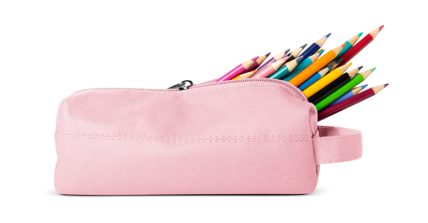 Soft pink pencil case with rainbow-colored pencils on white background
