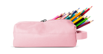 Soft pink pencil case with rainbow-colored pencils on white background