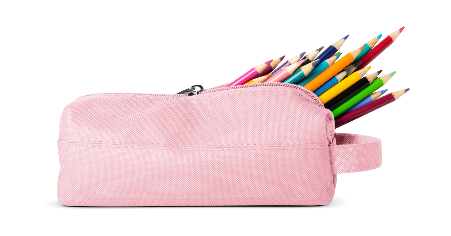 Soft pink pencil case with rainbow-colored pencils on white background