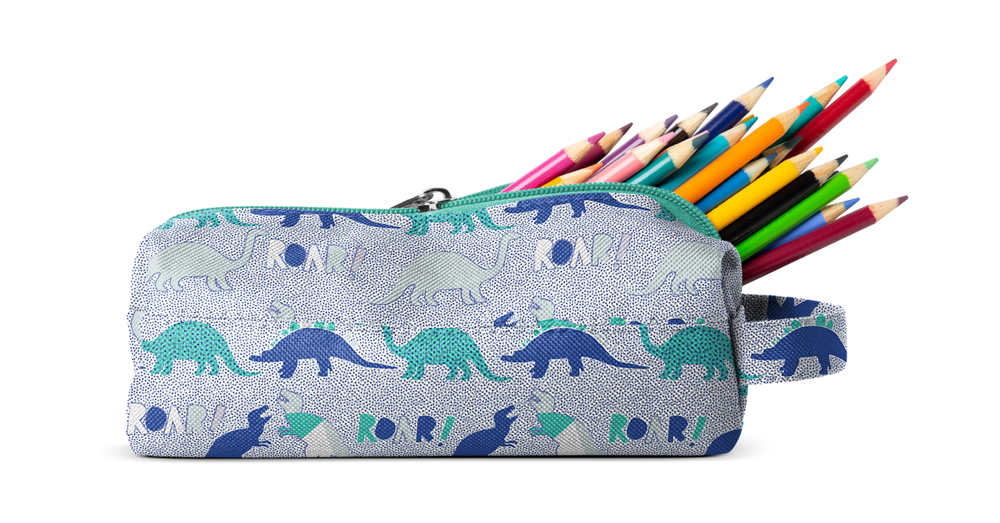 Light gray pencil case with turquoise and navy blue pattern, filled with colored pencils in pink, magenta, and other vibrant colors.