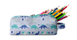 Light gray pencil case with turquoise and navy blue pattern, filled with colored pencils in pink, magenta, and other vibrant colors.
