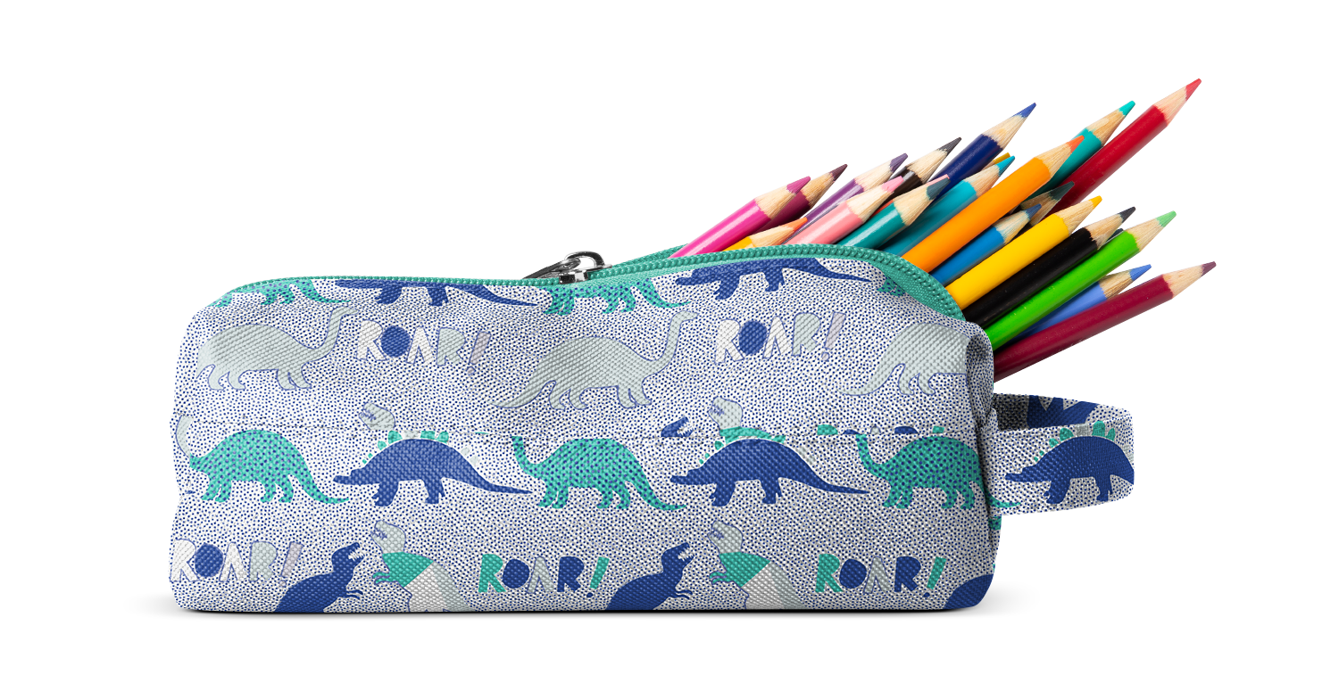 Light gray pencil case with turquoise and navy blue pattern, filled with colored pencils in pink, magenta, and other vibrant colors.