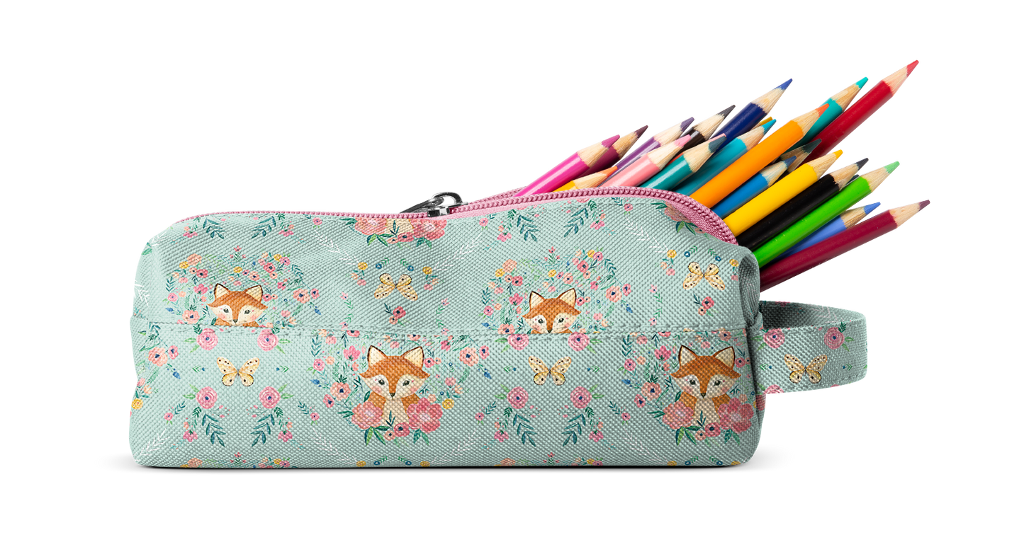 Soft sage green pencil case with colorful floral and animal print accents in coral pink, teal, orange, and navy blue