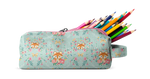 Soft sage green pencil case with colorful floral and animal print accents in coral pink, teal, orange, and navy blue