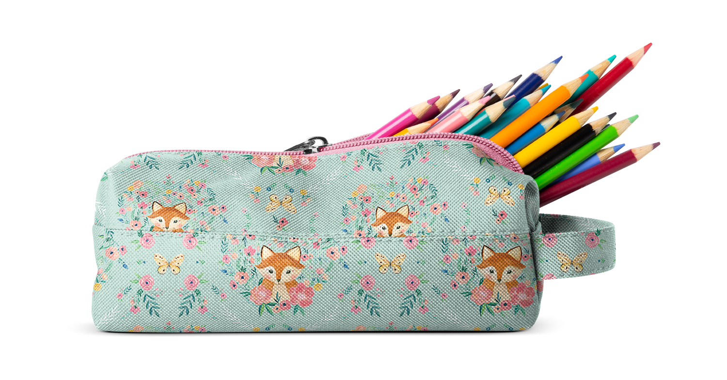 Soft sage green pencil case with colorful floral and animal print accents in coral pink, teal, orange, and navy blue
