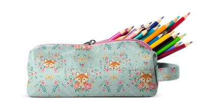 Soft sage green pencil case with colorful floral and animal print accents in coral pink, teal, orange, and navy blue