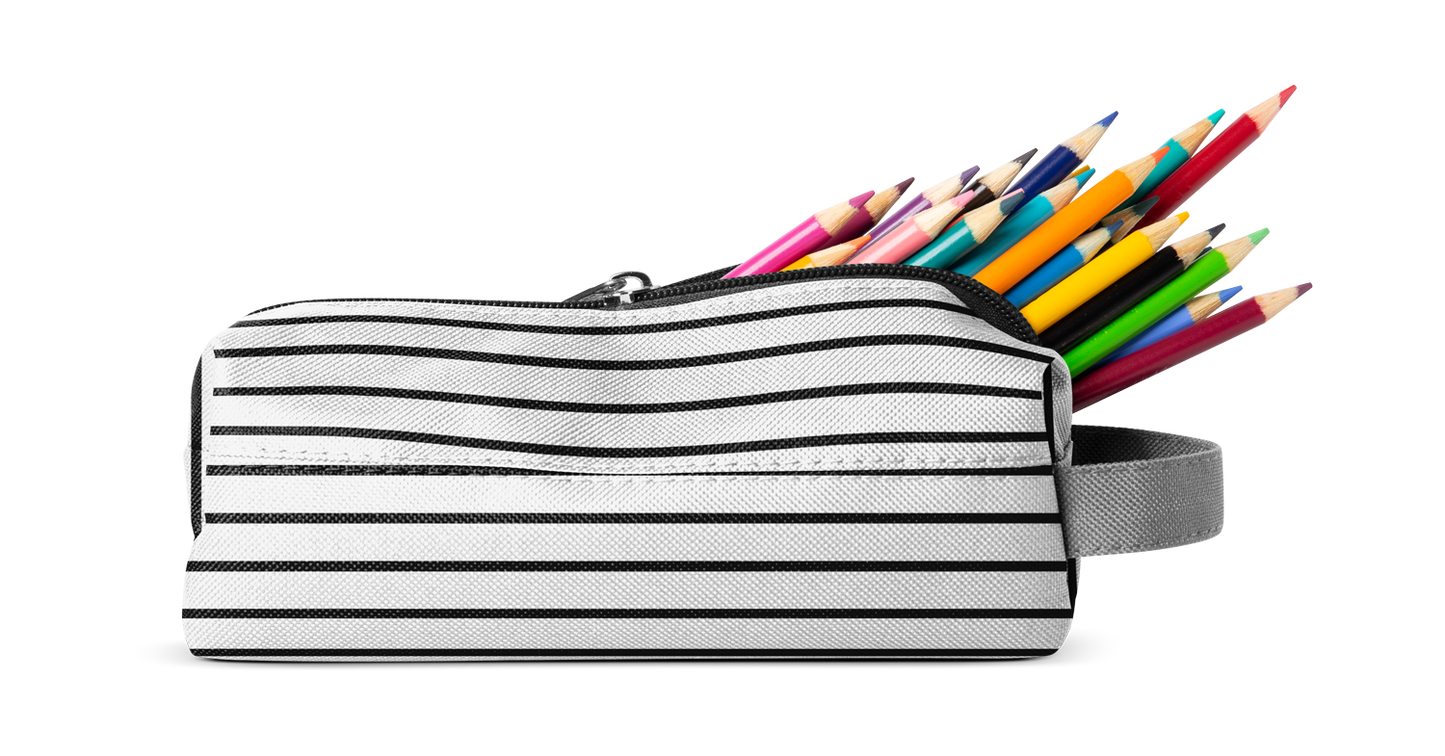 Light gray pencil case with horizontal black stripes containing vibrant rainbow-colored pencils including pink and other spectrum colors