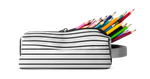 Light gray pencil case with horizontal black stripes containing vibrant rainbow-colored pencils including pink and other spectrum colors