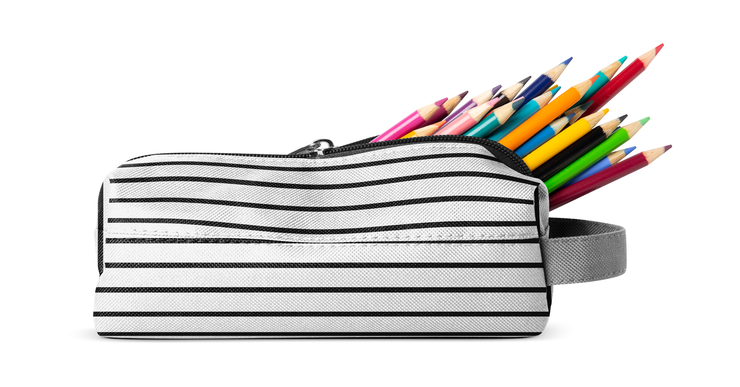 Light gray pencil case with horizontal black stripes containing vibrant rainbow-colored pencils including pink and other spectrum colors