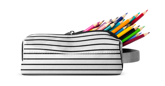 Light gray pencil case with horizontal black stripes containing vibrant rainbow-colored pencils including pink and other spectrum colors