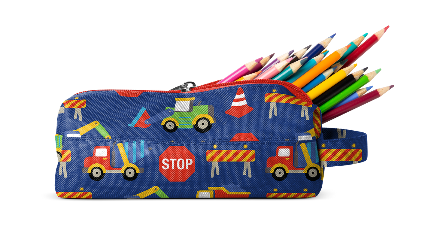 Navy blue pencil case with colorful construction-themed design featuring red, orange, yellow, green, cyan, and purple accents