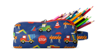 Navy blue pencil case with colorful construction-themed design featuring red, orange, yellow, green, cyan, and purple accents