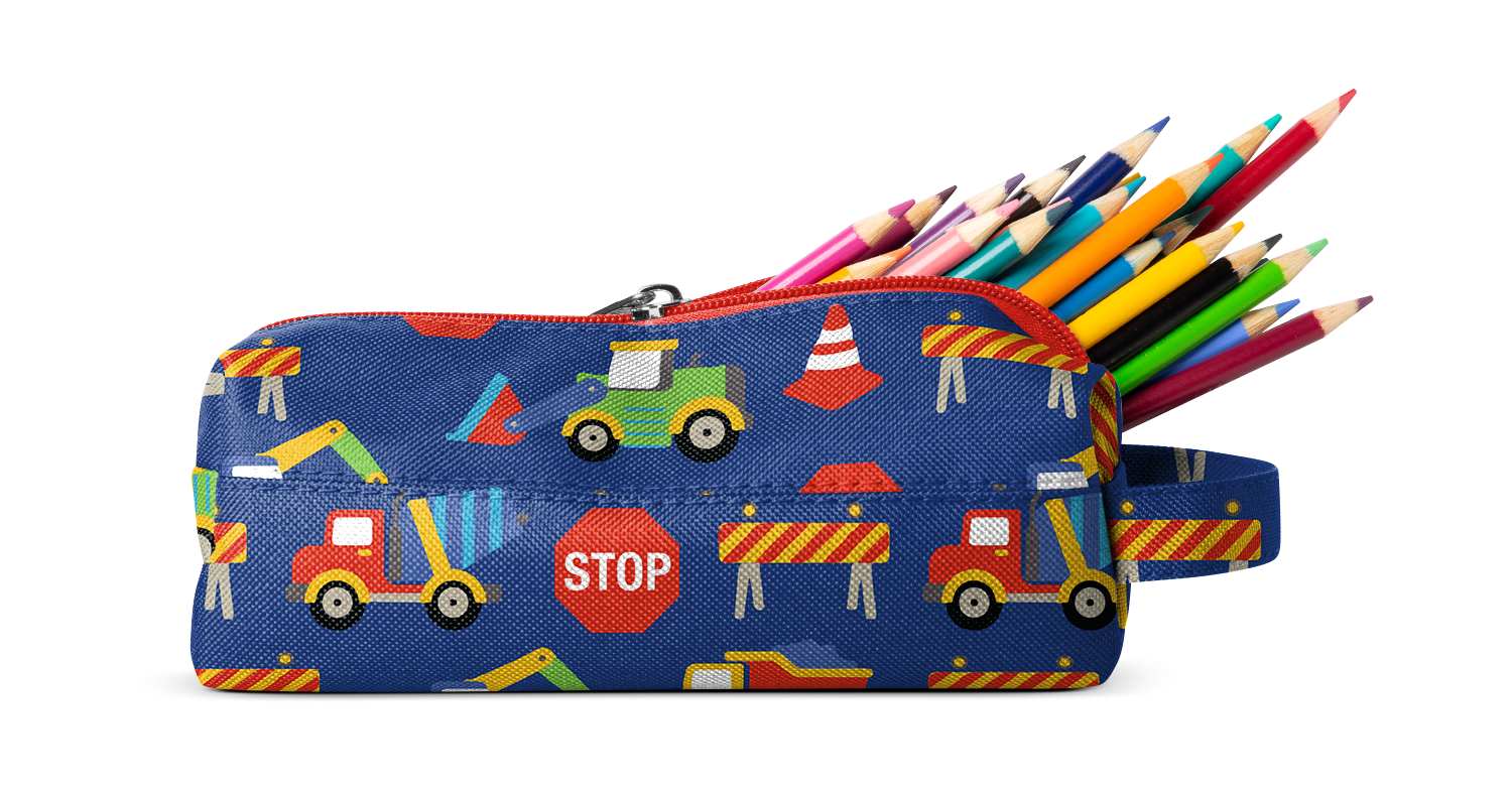 Navy blue pencil case with colorful construction-themed design featuring red, orange, yellow, green, cyan, and purple accents