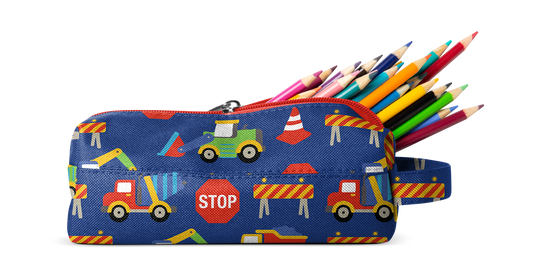 Navy blue pencil case with colorful construction-themed design featuring red, orange, yellow, green, cyan, and purple accents