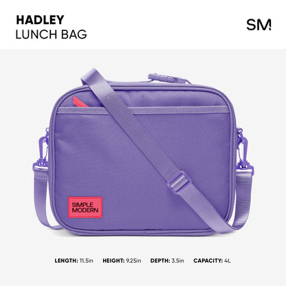 Purple hard-shell lunch bag with lavender webbing straps and coral red accent on the Simple Modern logo, shown with measurement indicators for product dimensions