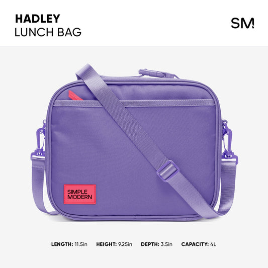 Purple hard-shell lunch bag with lavender webbing straps and coral red accent on the Simple Modern logo, shown with measurement indicators for product dimensions