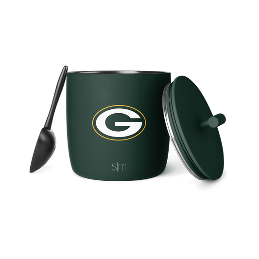 Green Bay Packers small ice bucket with forest green cylindrical container and white and gold team logo accents