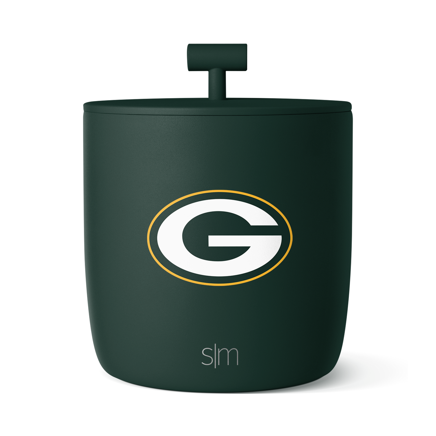 Dark forest green cylindrical container with white and golden yellow accents and text labeling