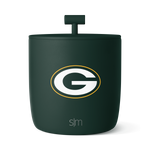 Dark forest green cylindrical container with white and golden yellow accents and text labeling