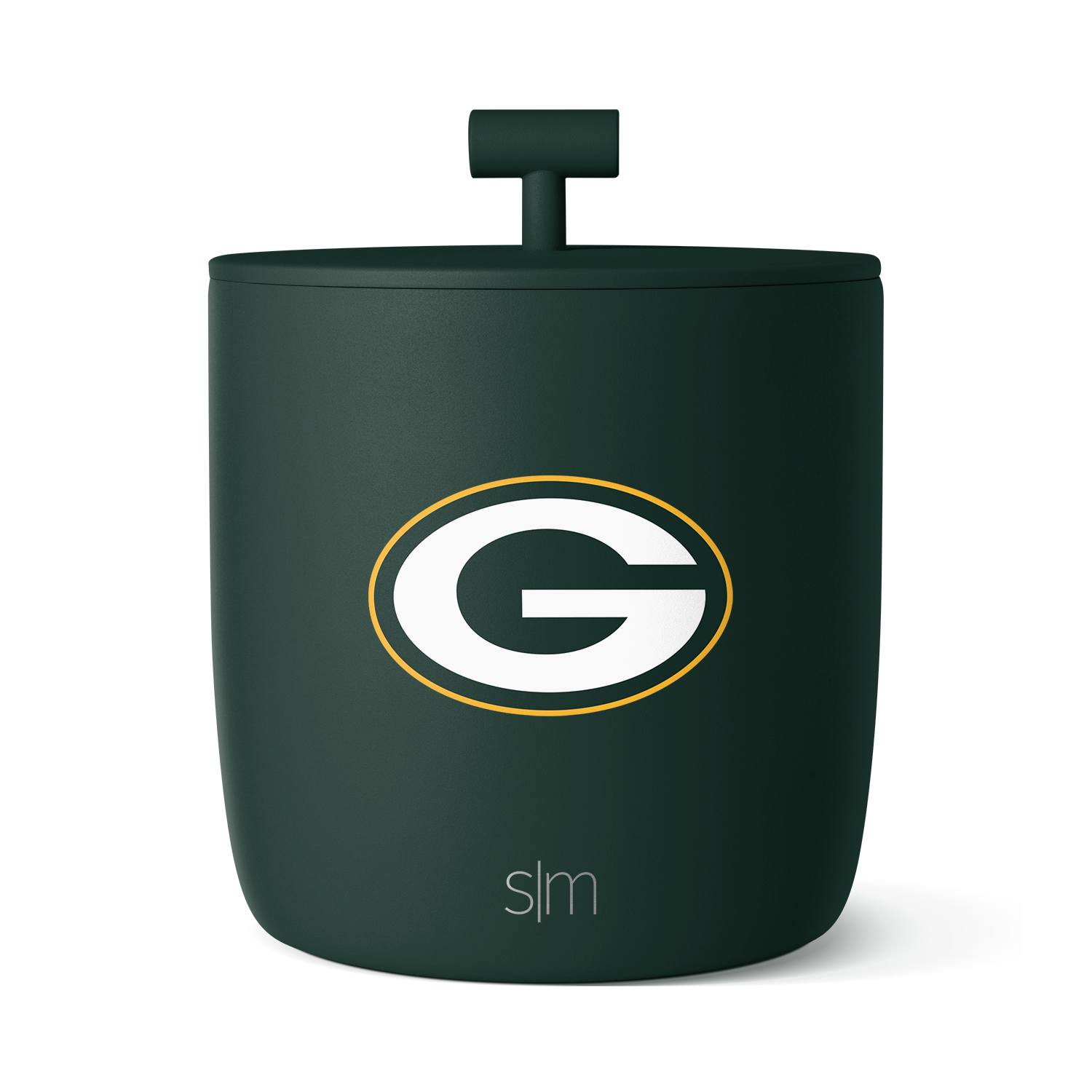 Dark forest green cylindrical container with white and golden yellow accents and text labeling