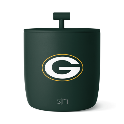 Dark forest green cylindrical container with white and golden yellow accents and text labeling