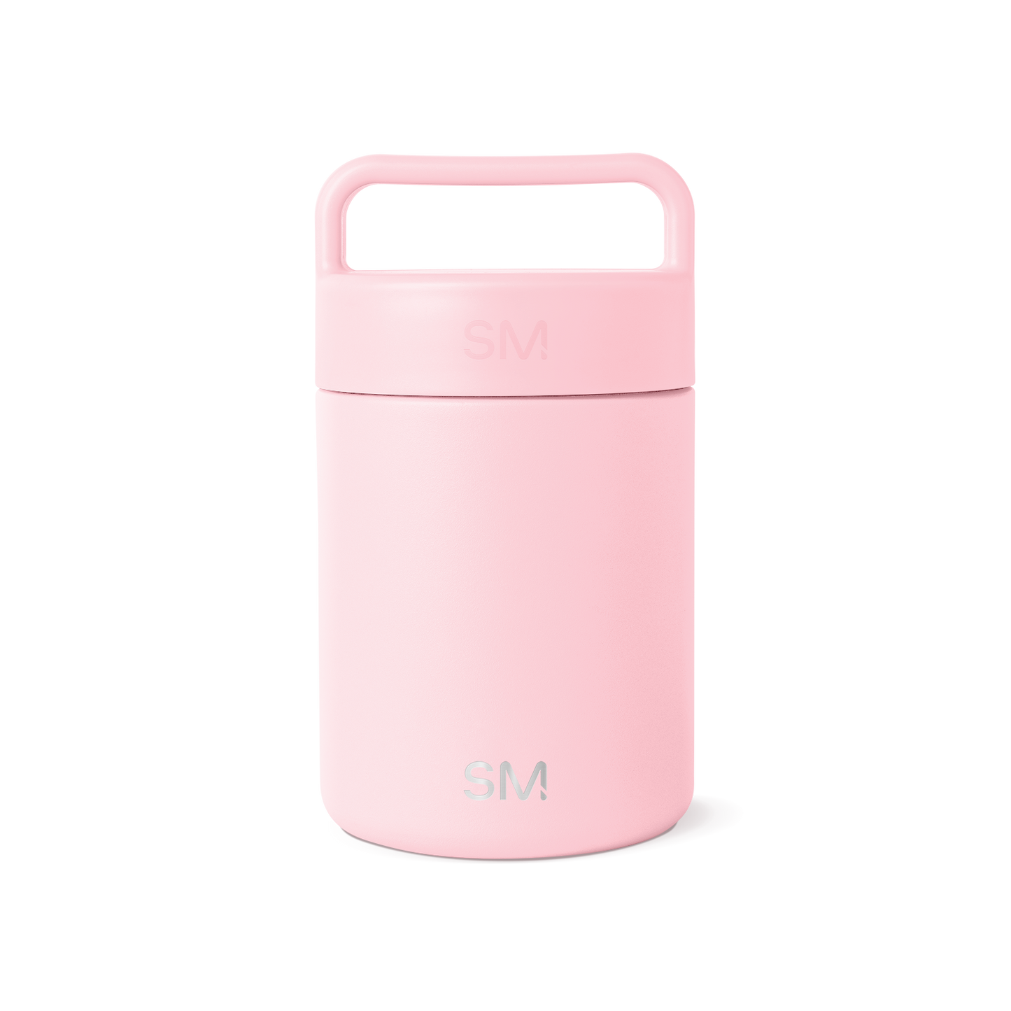 Soft pastel pink cylindrical insulated food and beverage container with removable lid and integrated carrying handle