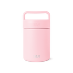 Soft pastel pink cylindrical insulated food and beverage container with removable lid and integrated carrying handle