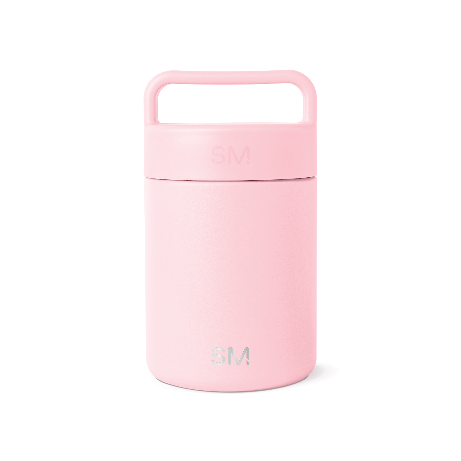 Soft pastel pink cylindrical insulated food and beverage container with removable lid and integrated carrying handle