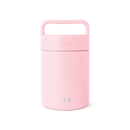 Soft pastel pink cylindrical insulated food and beverage container with removable lid and integrated carrying handle