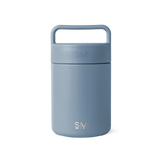 Soft blue-gray jar with handle, featuring muted sophisticated tones and subtle color depth variation from lighter handle to darker body