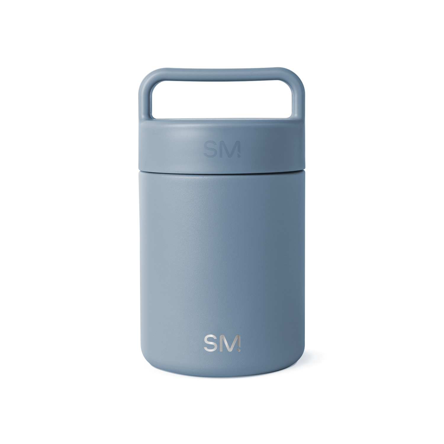 Soft blue-gray jar with handle, featuring muted sophisticated tones and subtle color depth variation from lighter handle to darker body