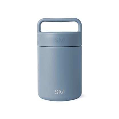 Soft blue-gray jar with handle, featuring muted sophisticated tones and subtle color depth variation from lighter handle to darker body