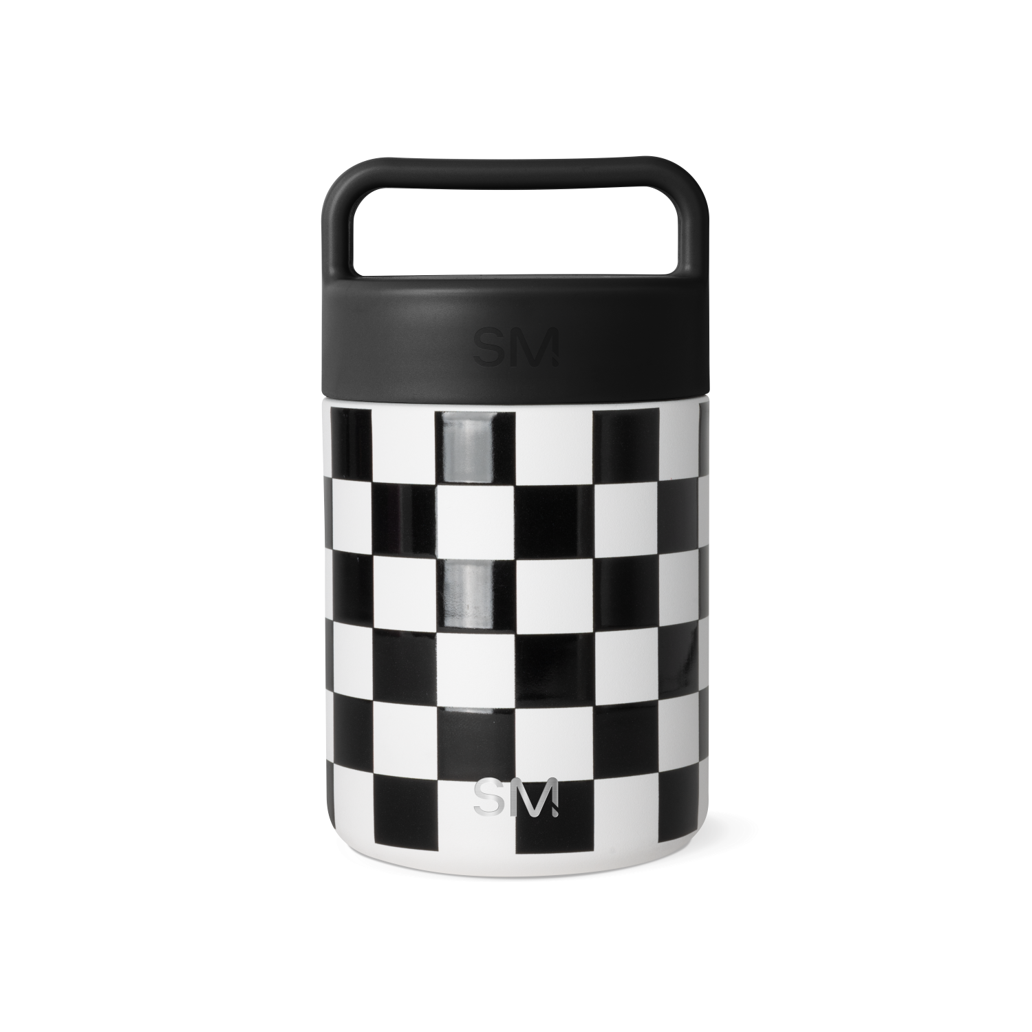 Black and white checkered glass jar with matte black lid and handle