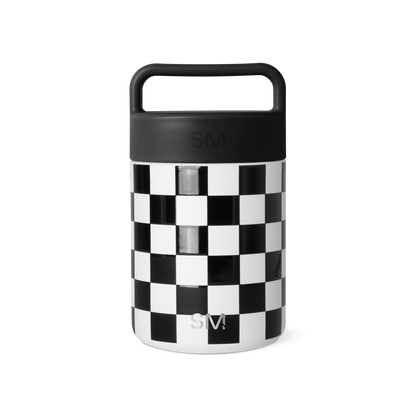 Black and white checkered glass jar with matte black lid and handle