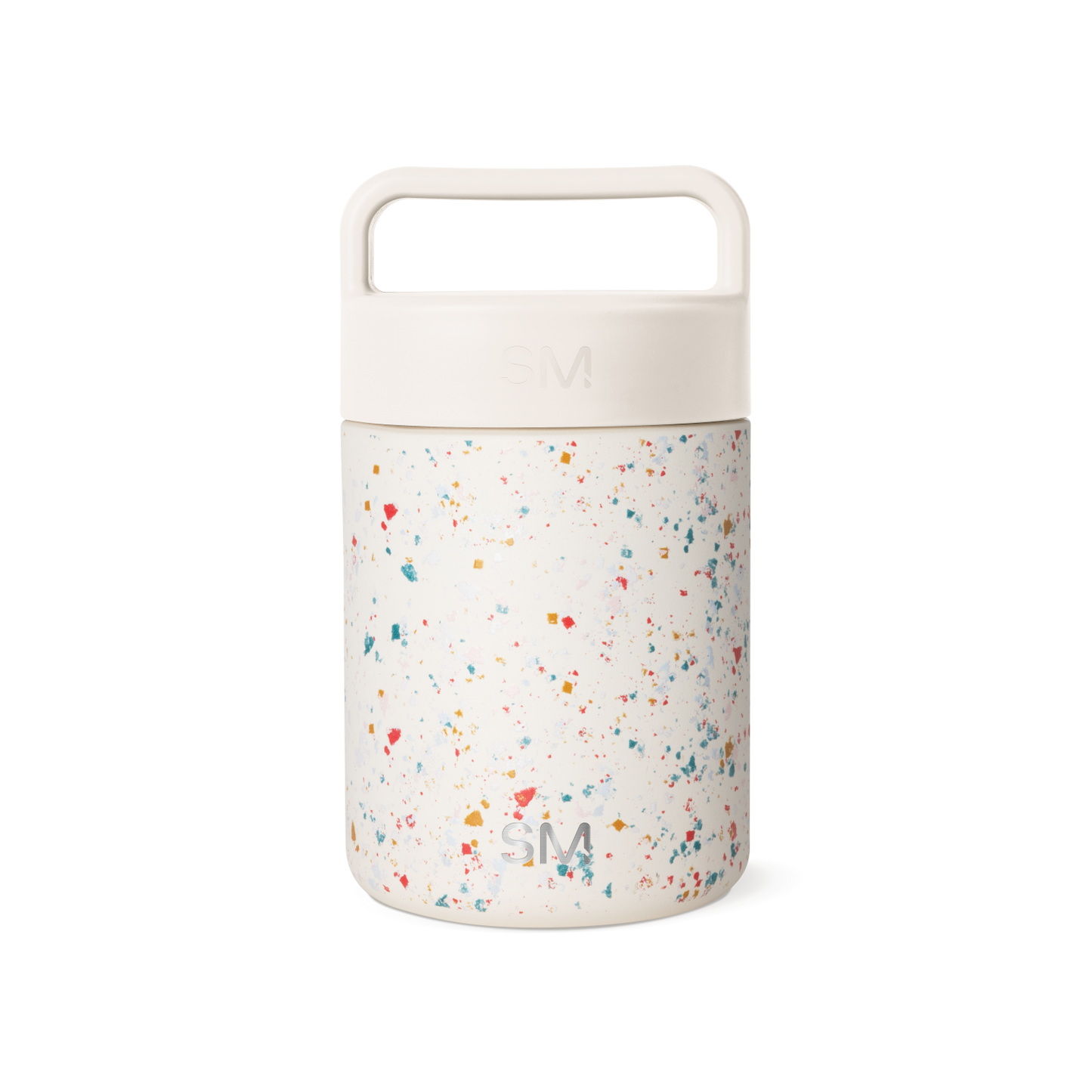 Cream-colored cylindrical container with terrazzo-patterned lower section featuring multicolored speckles on neutral background