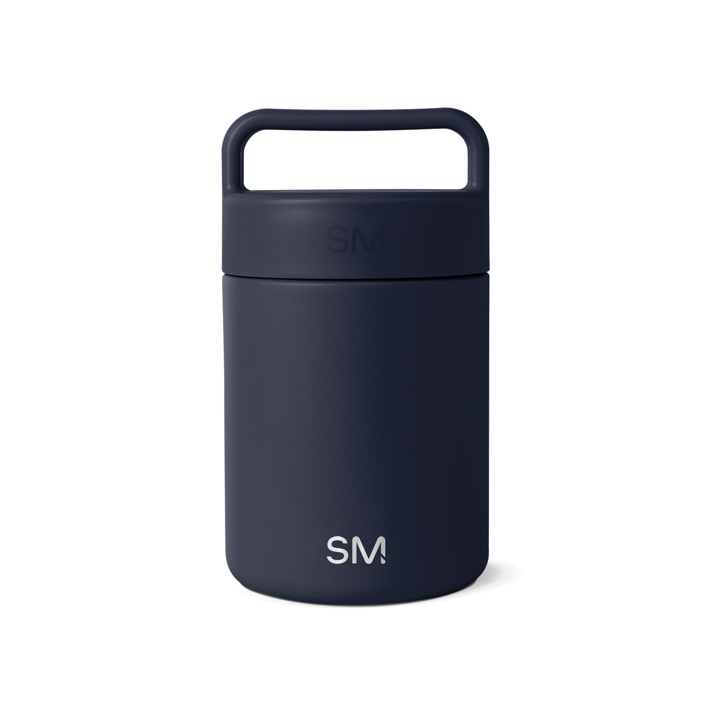 Navy blue glass jar with dark cap and handle on white background
