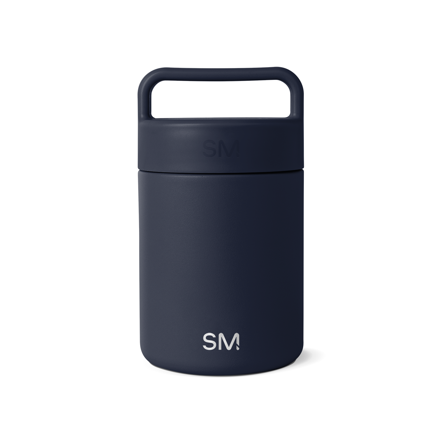 Navy blue glass jar with dark cap and handle on white background