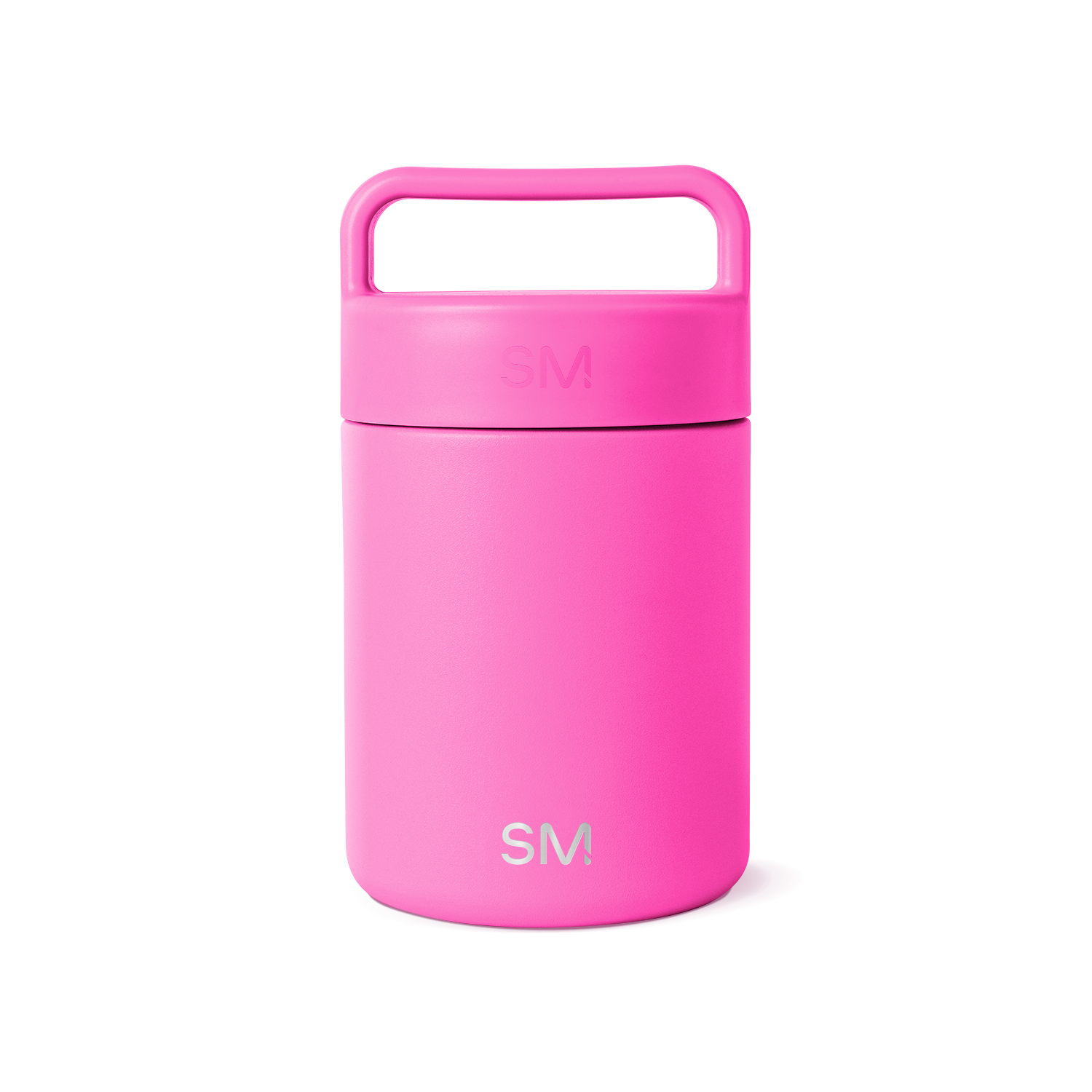 Hot pink ceramic jar with white background
