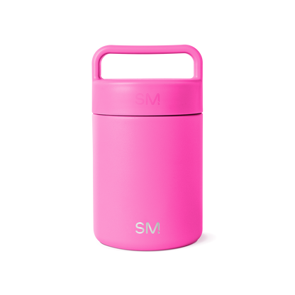 Hot pink ceramic jar with white background