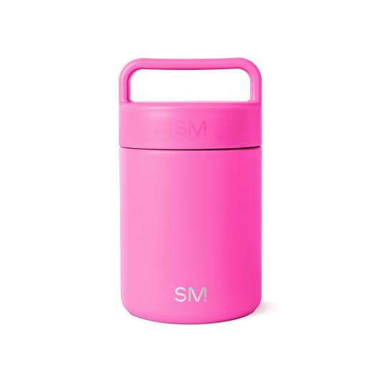 Hot pink ceramic jar with white background