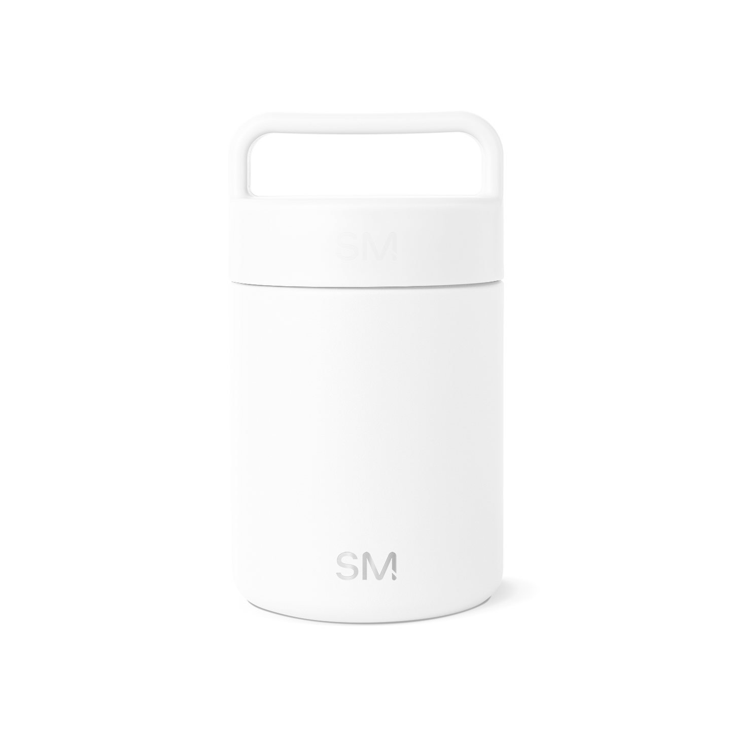 White cylindrical storage jar with minimalist design and clean lines on light gray background