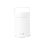 White cylindrical storage jar with minimalist design and clean lines on light gray background