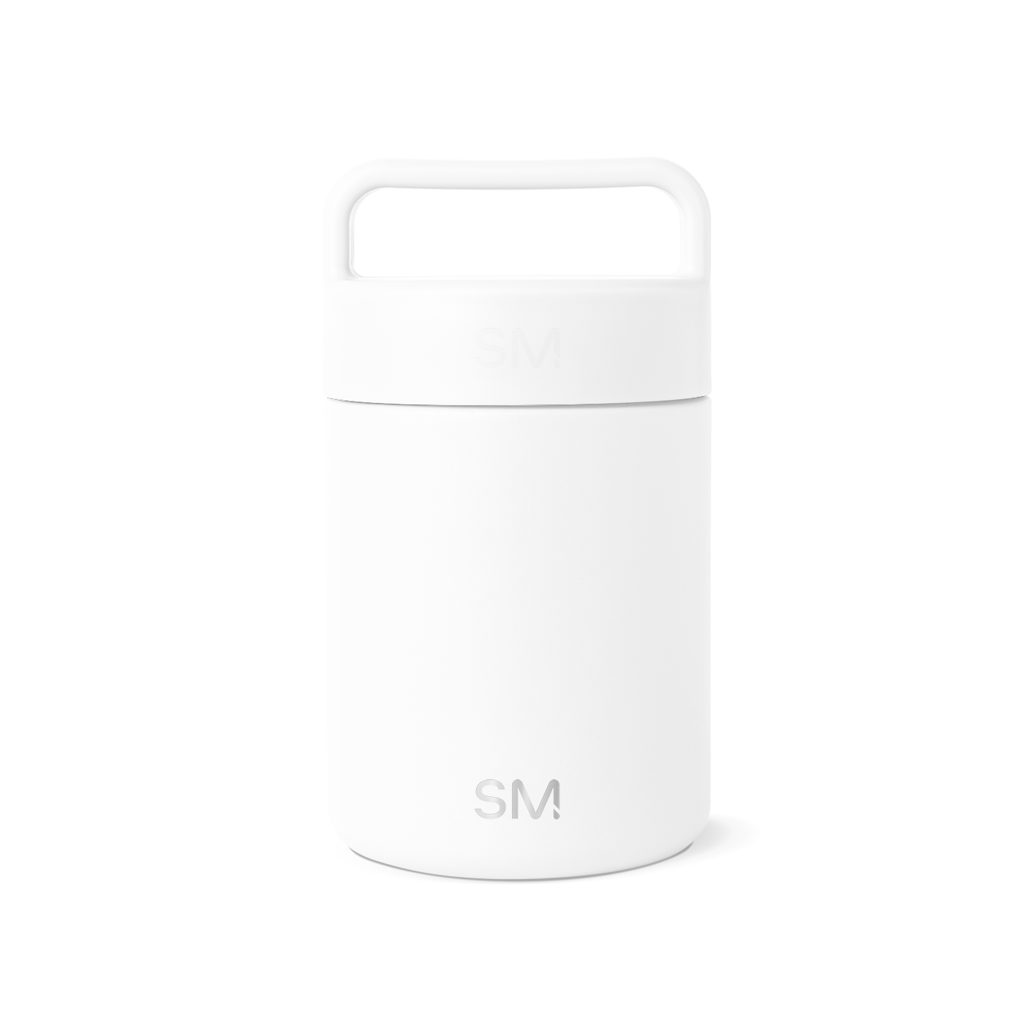 White cylindrical storage jar with minimalist design and clean lines on light gray background
