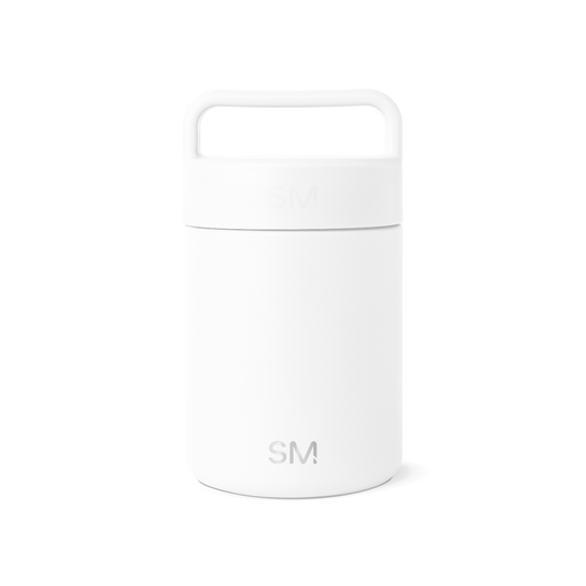 White cylindrical storage jar with minimalist design and clean lines on light gray background