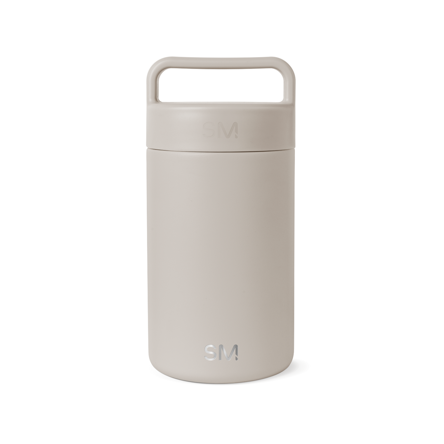 Beige cylindrical jar with matching lid on white background